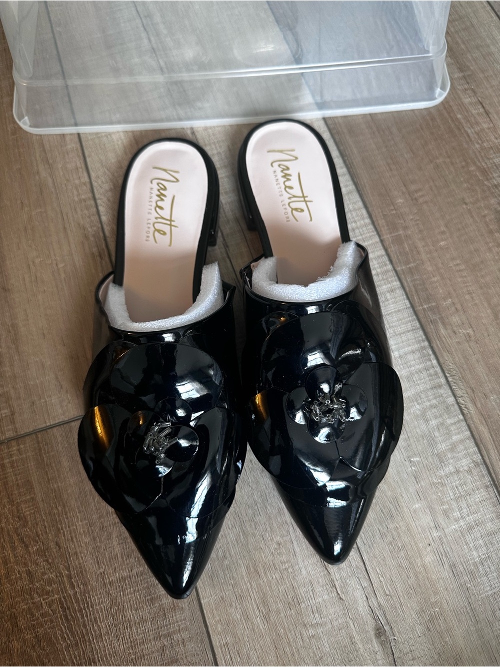 Nanette Lepore Black Patent Slip-On Mules with Bow Accent